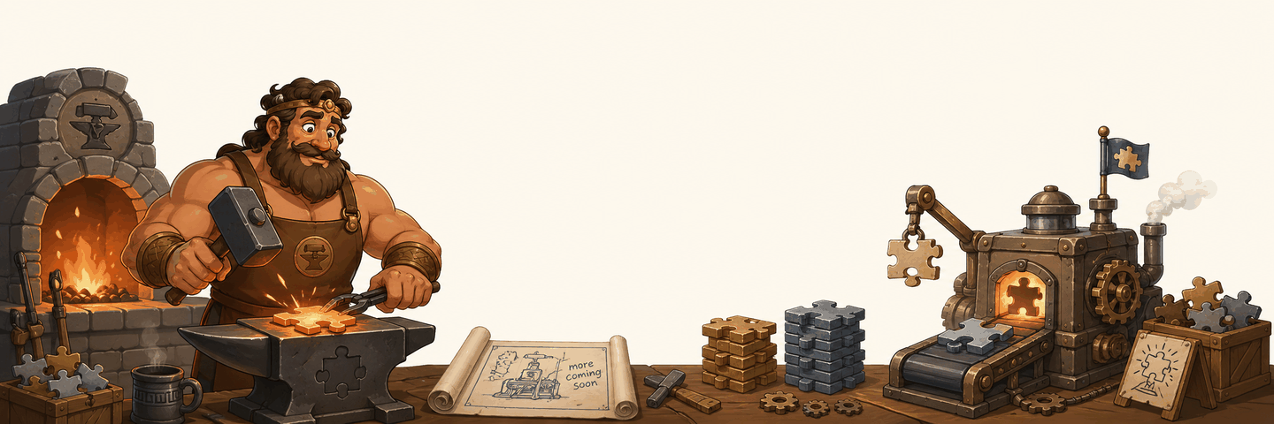 A smith forging the next puzzles at his anvil while a steam-powered press assembles them on the right